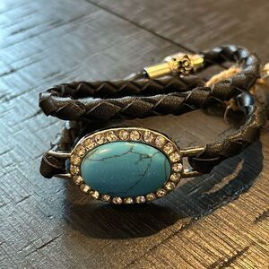NWT Genuine Black Leather Turquoise Rhinestone Wrap Magnetic Closure Bracelet